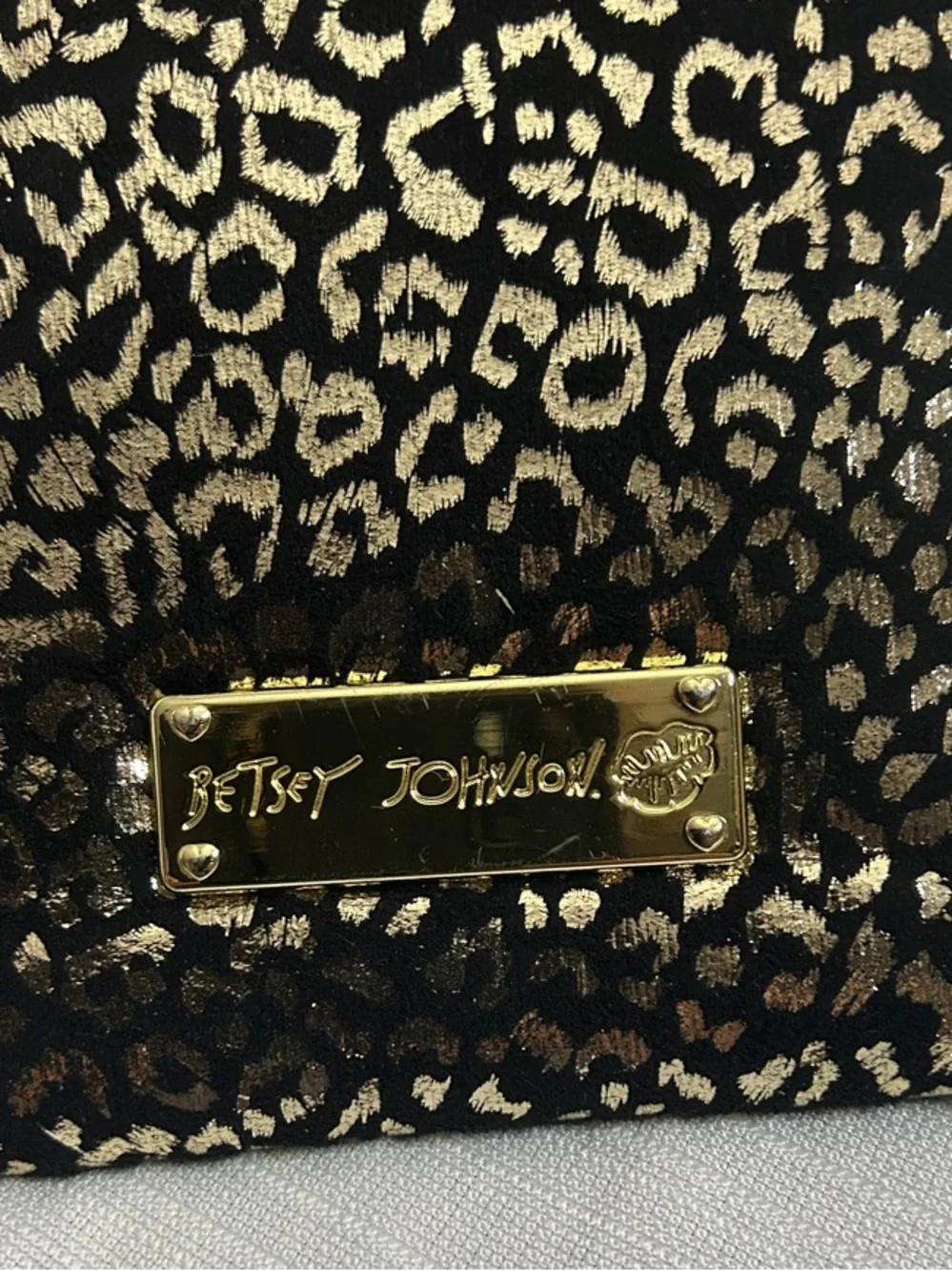 Betsey Johnson Gold on Black Velvet Leopard Print Chain Clutch with Stud Strap